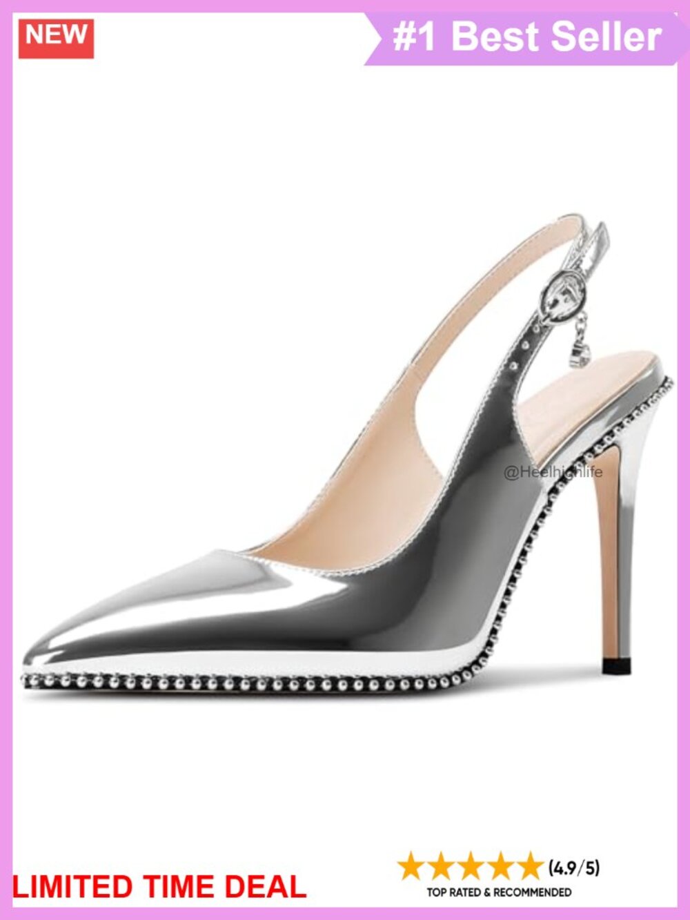 Slingback Beaded Pointed Toe Stiletto Pumps Faux Leather Rhinestone Buckle Heels